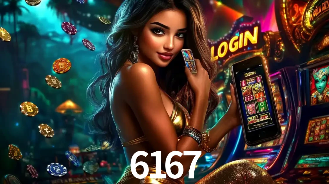 Mulher em um cenário de cassino temático de aventura, mostrando o app de caça-níqueis da 6167 no celular. Fichas de apostas flutuam ao redor.