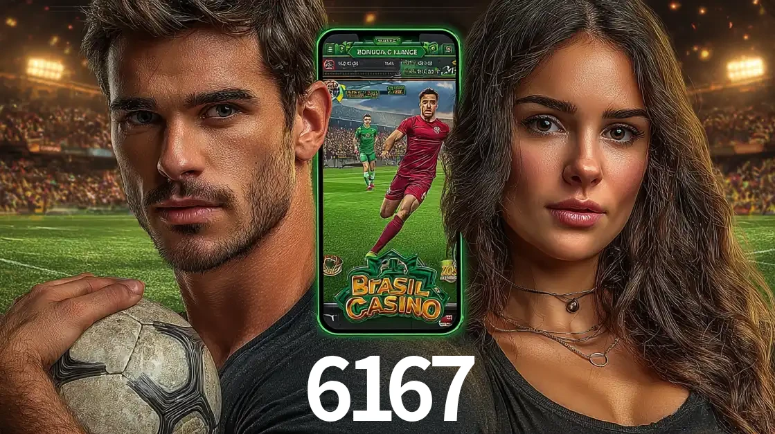 Homem segurando uma bola de futebol e uma mulher ao lado de um smartphone exibindo o jogo de apostas esportivas da 6167. Faça seu palpite no cassino online.